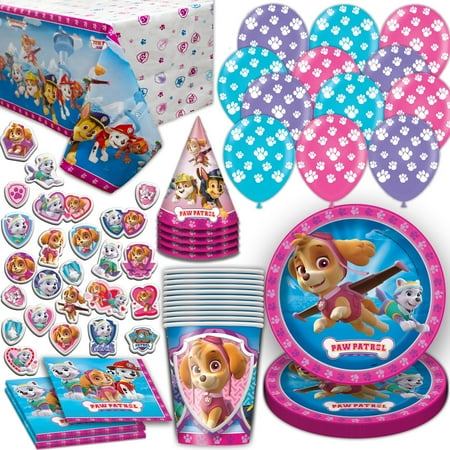 Paw Patrol Girls Party Supplies for 16. Includes Plates, Cups, Napkins, Tablecloth, Stickers, Balloons, Birthday Hat. Pink and Purple Theme Dinnerware Decoration and