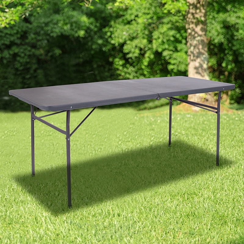 6Foot BiFold Dark Gray Plastic Folding Table with Carrying Handle