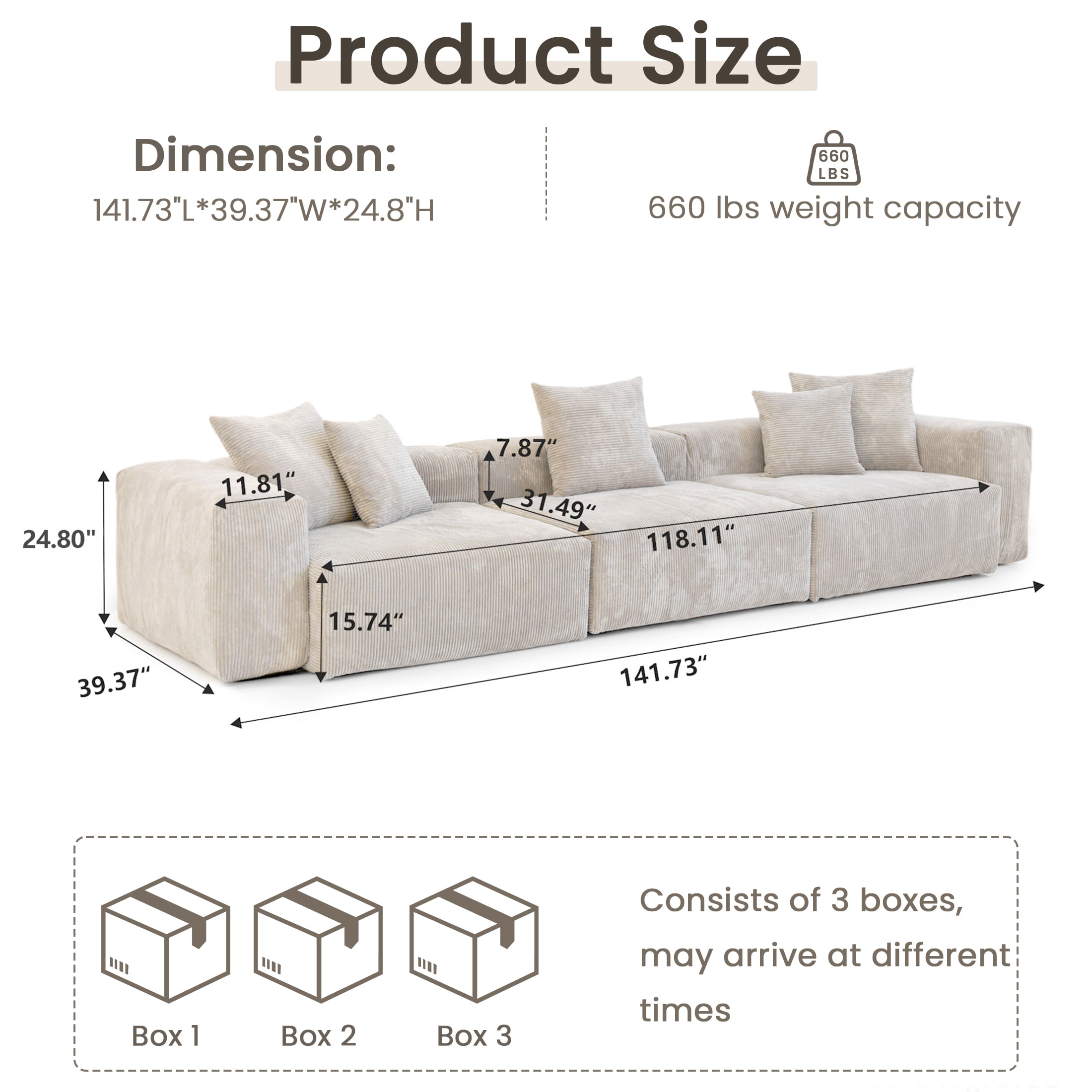 Magic Home Convertible Sectional Sofa Modular Couch,Modern Corduroy Sofa with Pillows for Living Room,Apartment and Small Space,3-Seat Sofa,Beige Sofa