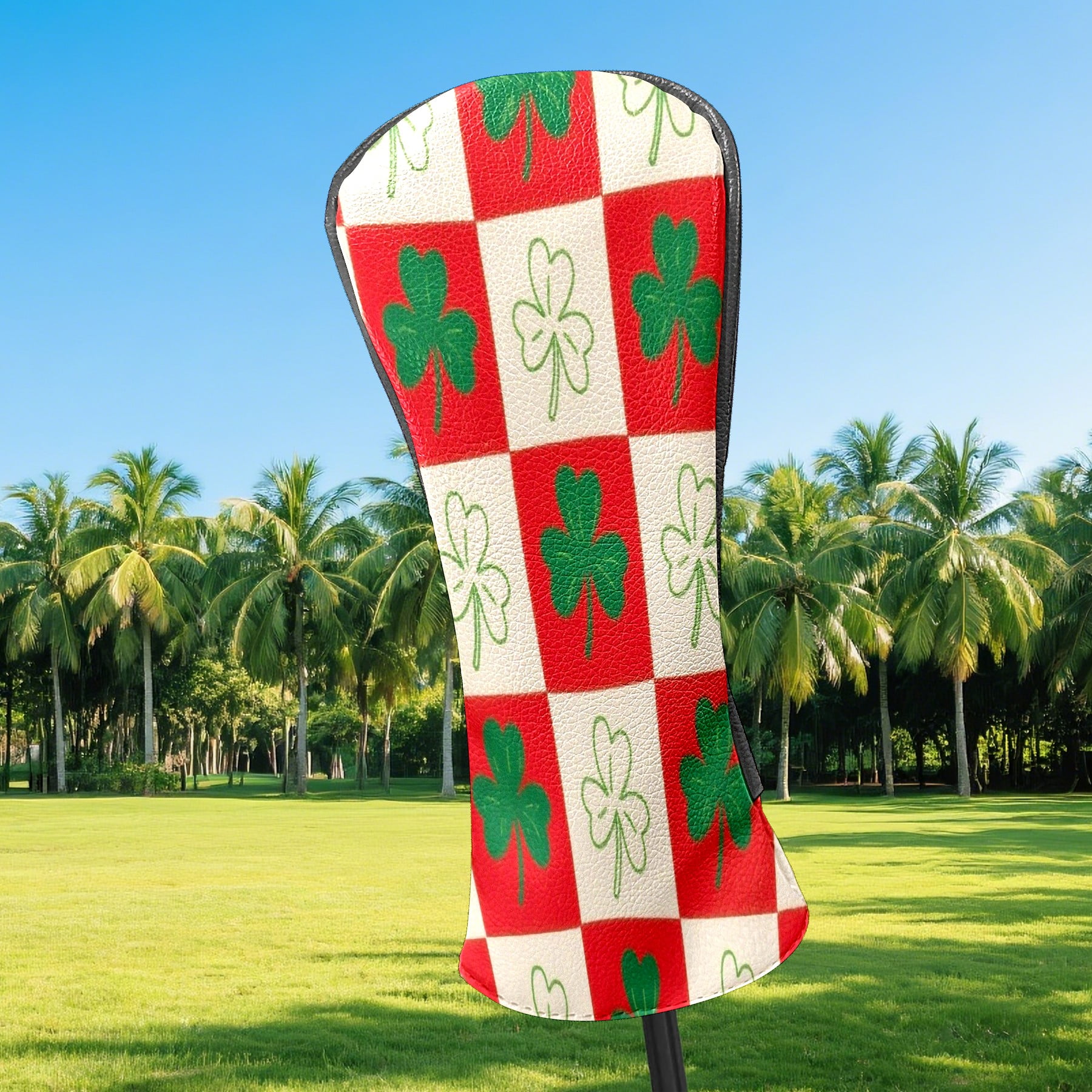 Golf Club Head Cover Waterproof Leather Golf Accessories HeadCovers Set Driver Headcover for Women Men Red & Green Clover Grid