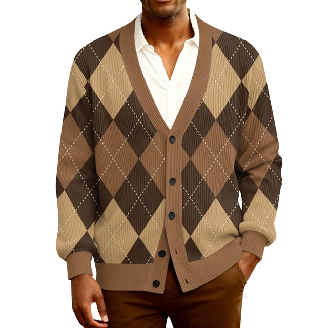 YIFUNIN Men's Ribbed Knit Cardigan, Long Sleeve Casual Open Front Jacket, Lightweight Plaid Print Sweater Coat for Fall Spring Layering Light Brown M