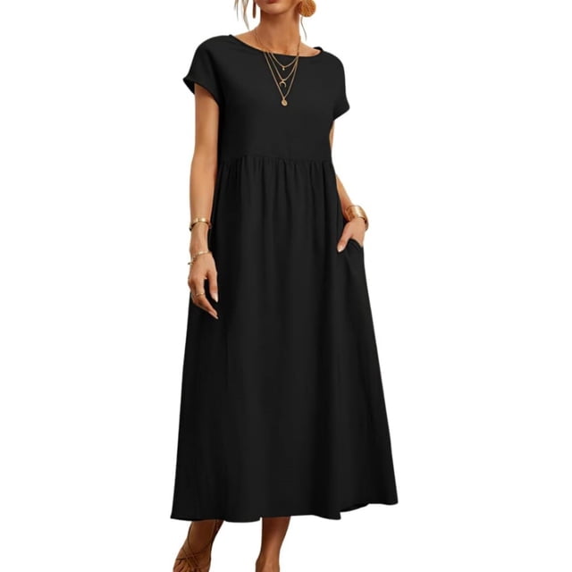 Vestido midi Zhyaj de algodón con cuello redondo y manga corta con bolsillos
