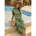 thumbnail image 6 of Mengpipi Dresses for Women Casual Loose Short Sleeve Tie Waist with Pockets, Green-Stripes-S(US 4-6), 6 of 8