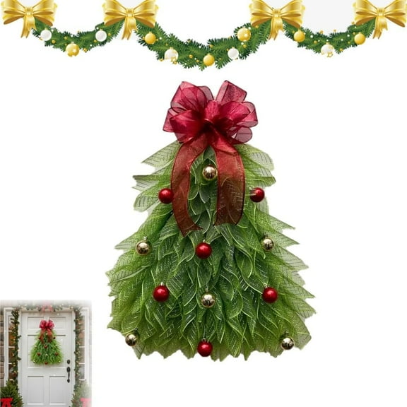 Handmade Inverted Christmas Tree Wreath with LED Lights for Front Door, Unique Lighted Xmas Decor for Window, Wall, Indoor, Outdoor Use