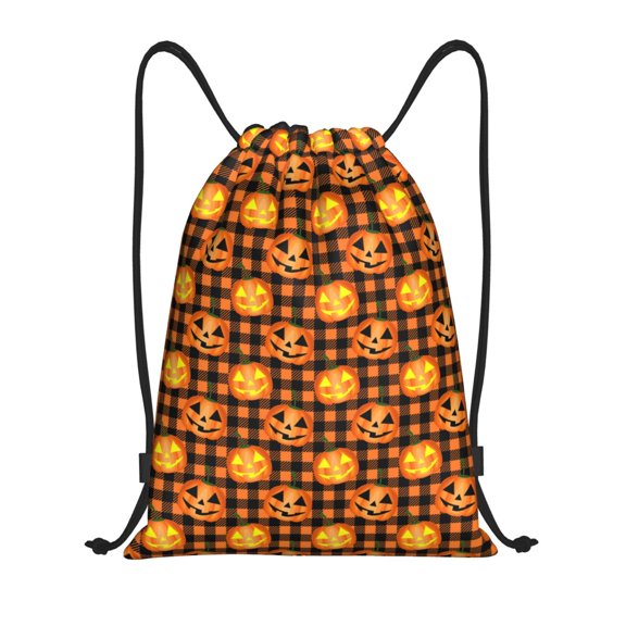 Drawstring Backpack - pumpkins plaid halloween Splash Proof Small Drawstring Gym Bag for Women Men, Cinch Sports String Bag Backpack for Travel Swimming Beach