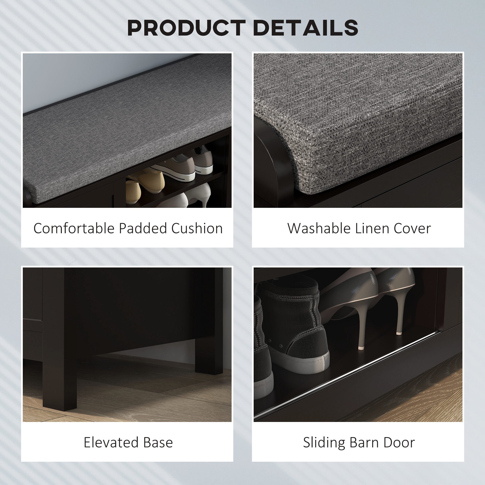 Indoor Storage Benches, HOMCOM Entryway Shoe Bench Storage Ottoman with Sliding Doors, Adjustable Shelving, 6 Compartments, and Padded Seat, Holds 10 Pairs, Black, Black Wooden Storage Benches