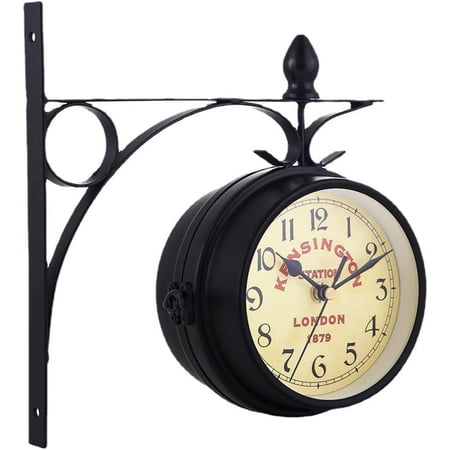 Black 5 Inch Garden Wall Clock Retro Double-Sided Station Clock Vintage Industrial Two Sides Wall Hanging Clock for Indoor Decorative Antique Style Creative Classic Wall Clocks Decoration