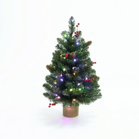 LuxenHome 2Ft Artificial Pine Tree Potted with Multi-Color Lights