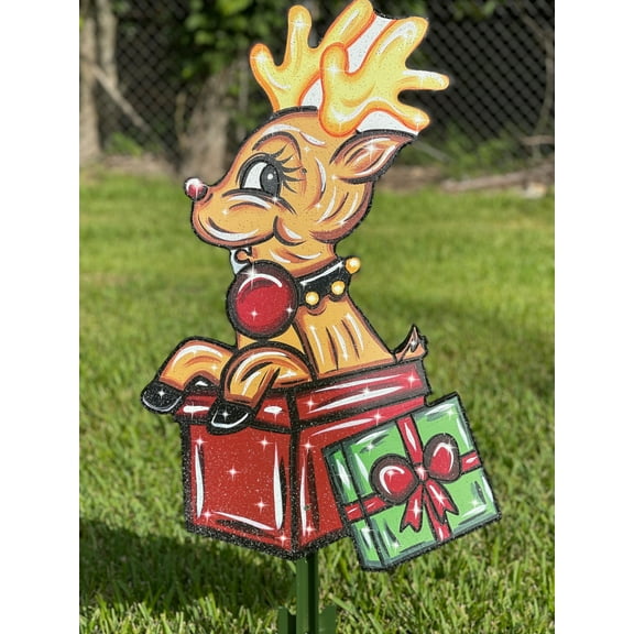 Christmas Reindeer Sits in a Gift Box Outdoor Decoration