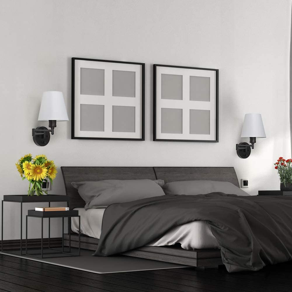 Adjustable Swing Arm Sconces 2 Pack Wall Lamps with White Shade & Black Metal (Bulbs Not Included)