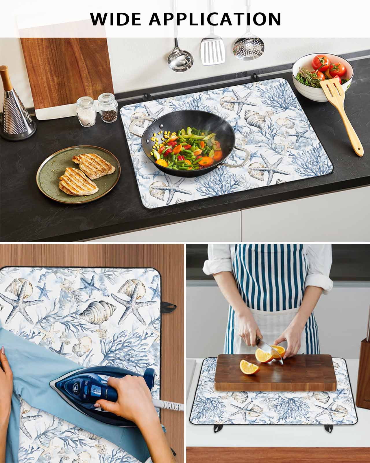 nqOlkjepod Large Induction Cooktop Protector Mat 36"x21", Blue Coastal Stove Top Covers for Electric Stove, Ocean Coral Starfish Conch Sea Watercolor Stove Burner Cover Mats, Glass Top Stove Cover