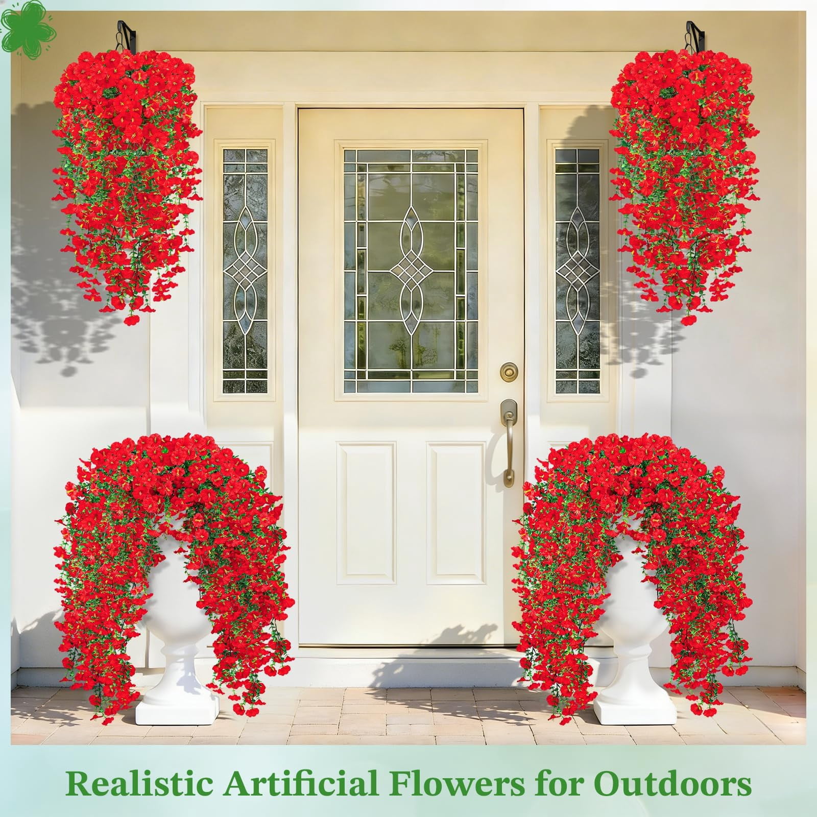 Artificial Hanging Flowers for Outdoors, 6 PCS Silk Morning Glory Artificial Flowers with Eucalyptus Leaves, UV Resistant Fake Flower Realistic Faux Plants for Home Patio Porch Garden0
