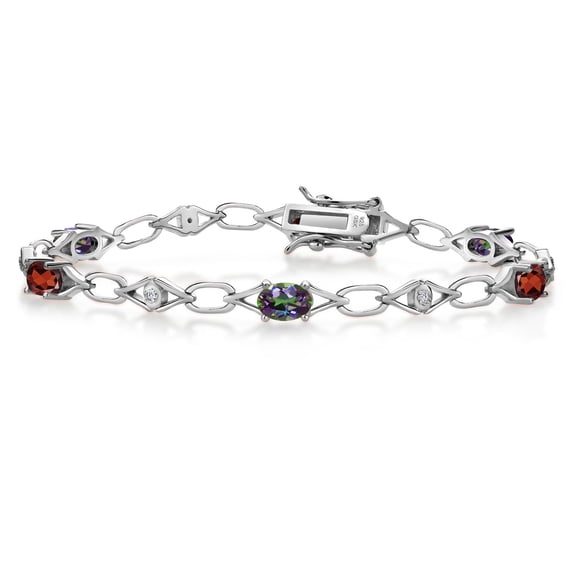 Gem Stone King 925 Sterling Silver Green Mystic Topaz and Red Garnet and Round White Lab Grown Diamond Tennis Bracelet for Women (3.55 Cttw, Gemstone Birthstone, Oval 6X4MM, 7.25 inches)