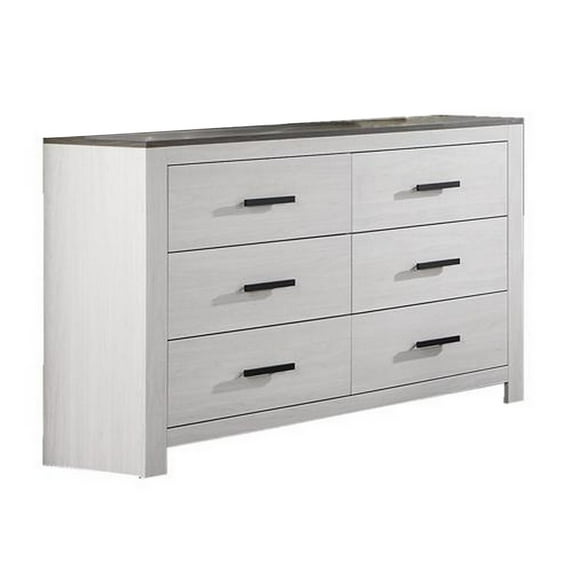 Benjara BM314673 58 in. Kopa Wide Dresser with 6 Drawers, Handles, Wood, White, Black & Gray