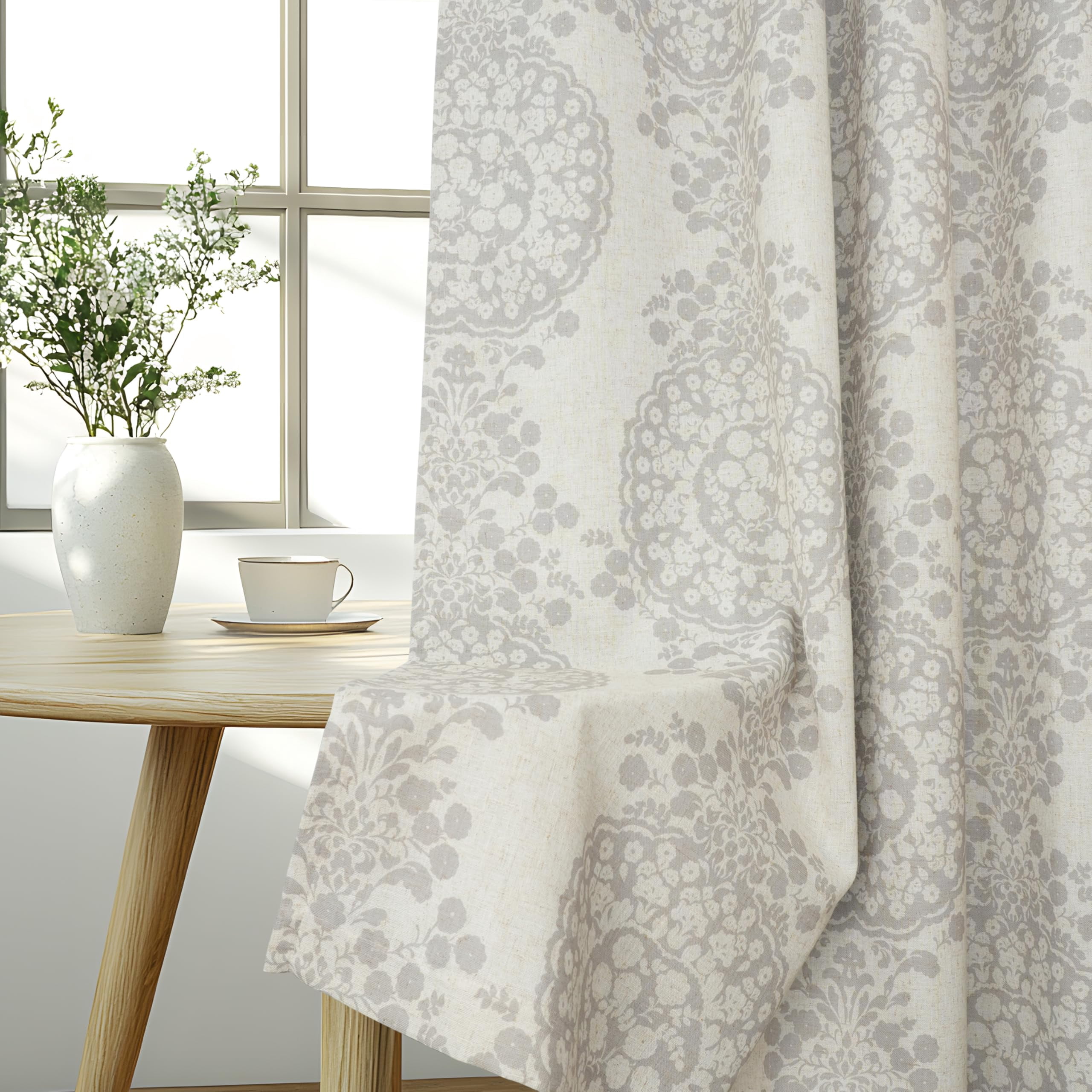 DriftAway Damask Curtains Gray Room Darkening Curtains for Bedroom 84 inch Grommet Thermal Drapes for Living Room French Country Farmhouse Medallion Damask Window Treatments 2 Panels Linen Gray