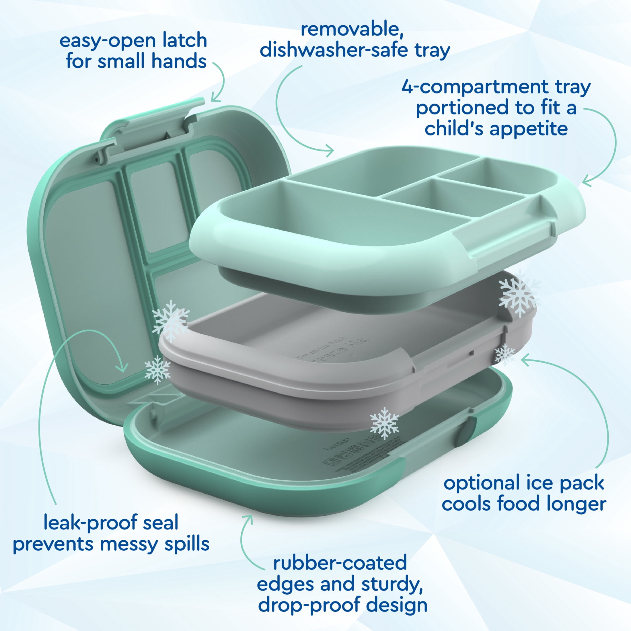 Bentgo Chill Kids Leak-Proof Lunch Box - 4-Compartment Bento Box with Built-In Ice Pack, 3.3 Cup Capacity, PFAS & BPA-Free, Microwave & Dishwasher Safe, Ideal Size for Ages 3 to 7 (Aqua)