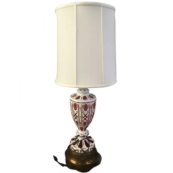 Pre-Owned Unbranded Original Large Bohemian Art Cut Red White Color Glass Antique Lamp