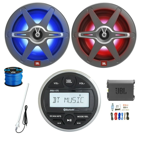 JBL PRV-175 Marine Gauge Style USB Bluetooth AM/FM Digital Stereo Receiver, 2x 8" 450 Watt 2-Way Multicolor LED Outdoor Audio Speakers, Amplifier w/Install Kit, Radio Antenna, Wire
