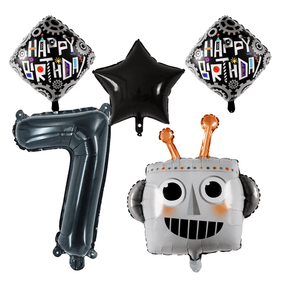 Robot 7th Birthday Party Balloons Black Silver Foil Set