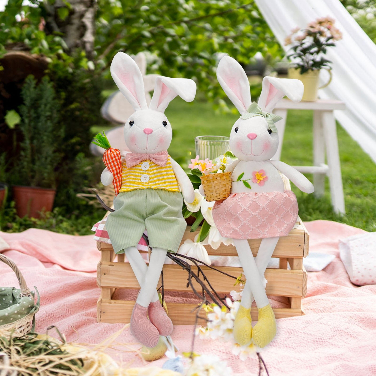 17.3in Easter Decorations Plush Bunny Doll with Flower Basket for Easter Party Decor and Easter Basket Stuffers, Soft PP Cotton Easter Decor Rabbit Figurine for Kids Easter Pascua Home Display