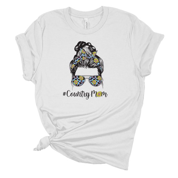 Trenz Shirt Company Womens Messy Bun Cow Print Flowers Country Mom Short Sleeve Graphic T-Shirt-White-4xl