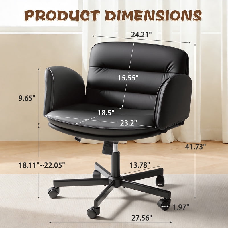 Homall Cross Legged Chair with Armrests and Wheels, PU Leather Vanity Chair, Adjustable Swivel Computer Office Chairs for Home Office, Make Up, Black