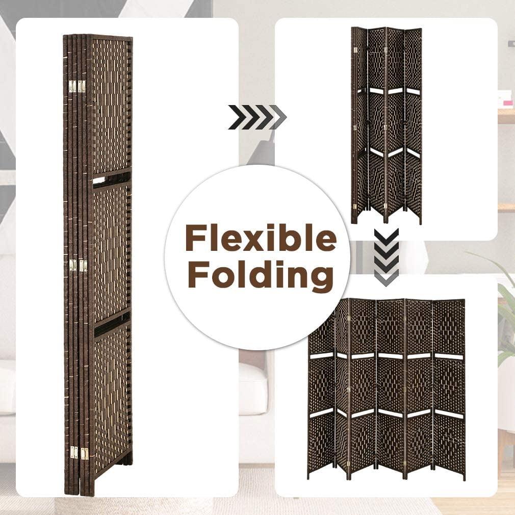 FDW 6 Panel Room Divider Wooden Portable Partition Screen Wood with Removable Storage Shelves Color, Brown