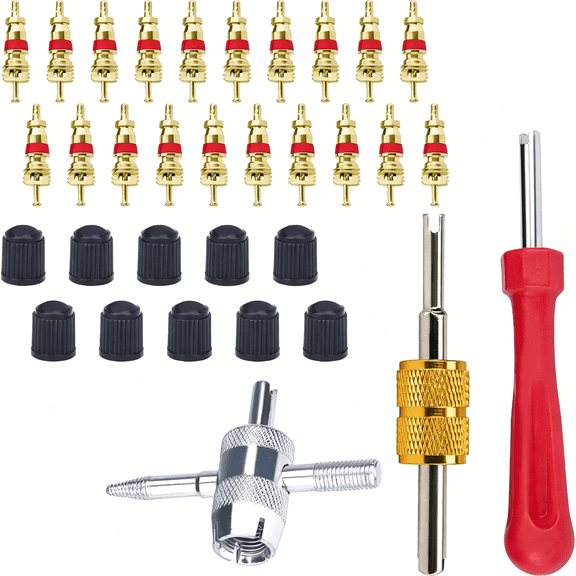 EXLEAF Tire Valve Stem Removal Tool Kit, 4-Way Tire Tool with 20 Valve Cores and Caps, Car Repair Set