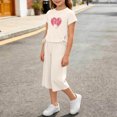 thumbnail image 5 of HOMBOM Girls Summer Outfits Heart Print Crew Neck Short Sleeve Top with Side Drawstring & Elastic Waist Capri Pants 2 Piece Casual Set Age 2-10Y,White,3-4 Years, 5 of 6