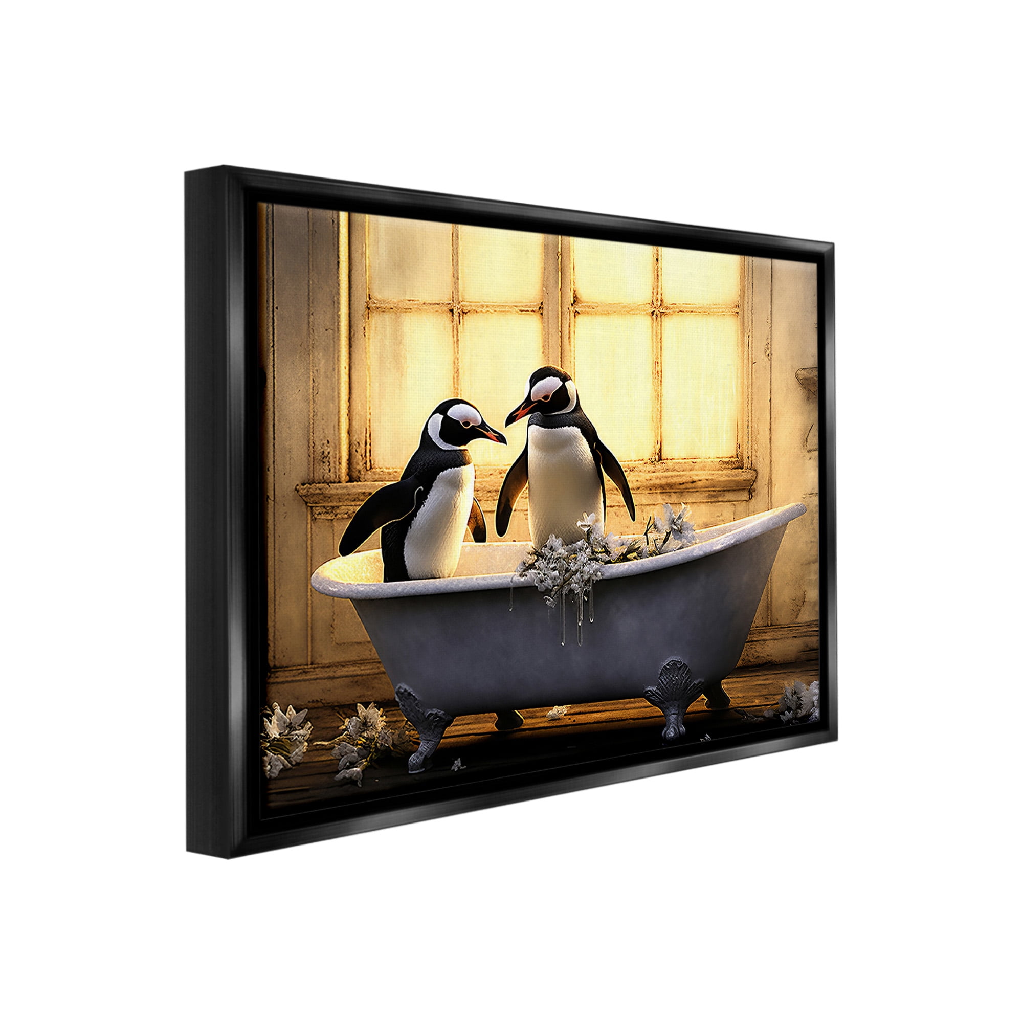 Stupell Industries Penguins in Sunlit Bath Animals & Insects Painting Black Floater Framed Canvas Art Print Wall Art, 21 x 17