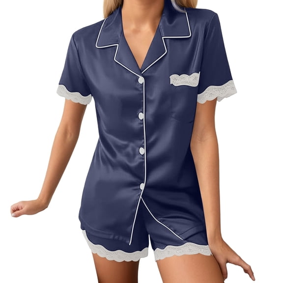 RMGVDSD Womens Pajama Sets 2 Pieces Ice Silk Pajamas Short Sleeve Loungewear 2 Pcs Soft Pj Sets Button Down Women's Summer Thin Sleepwear Set Party Holiday Jammies