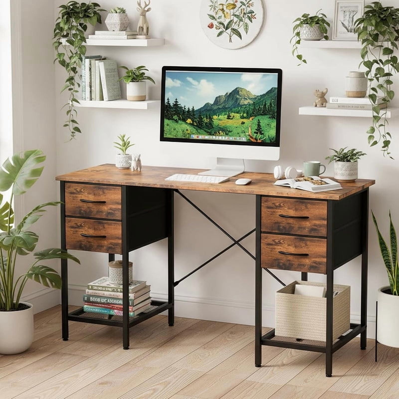 Kelno 55 Inch Computer Desk with 4 Fabric Drawer Storage Shelf Gaming Writing Table, Rustic Brown