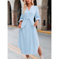 thumbnail image 4 of xiaxaixu Robe Midi Rayée pour Femmes Printemps Automne Robe Chemise Décontractée Manches Longues Col en V Robes à Bandage, 4 of 7