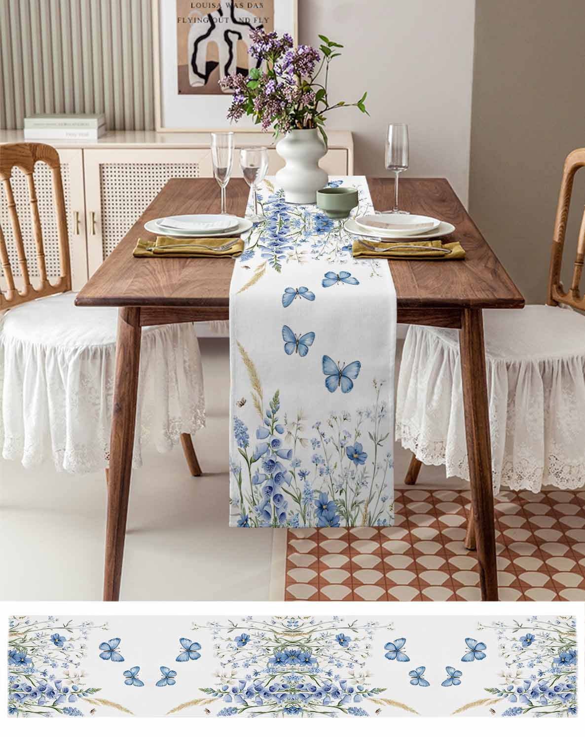 Ldtrchee Blue Spring Floral Table Runner 72 Inches, Butterfly Summer Botanical Elegant Bed Runner Dresser Scarves Tabletop for Indoor Outdoor Parties/Ceremony/Banquet, 18" x 72"