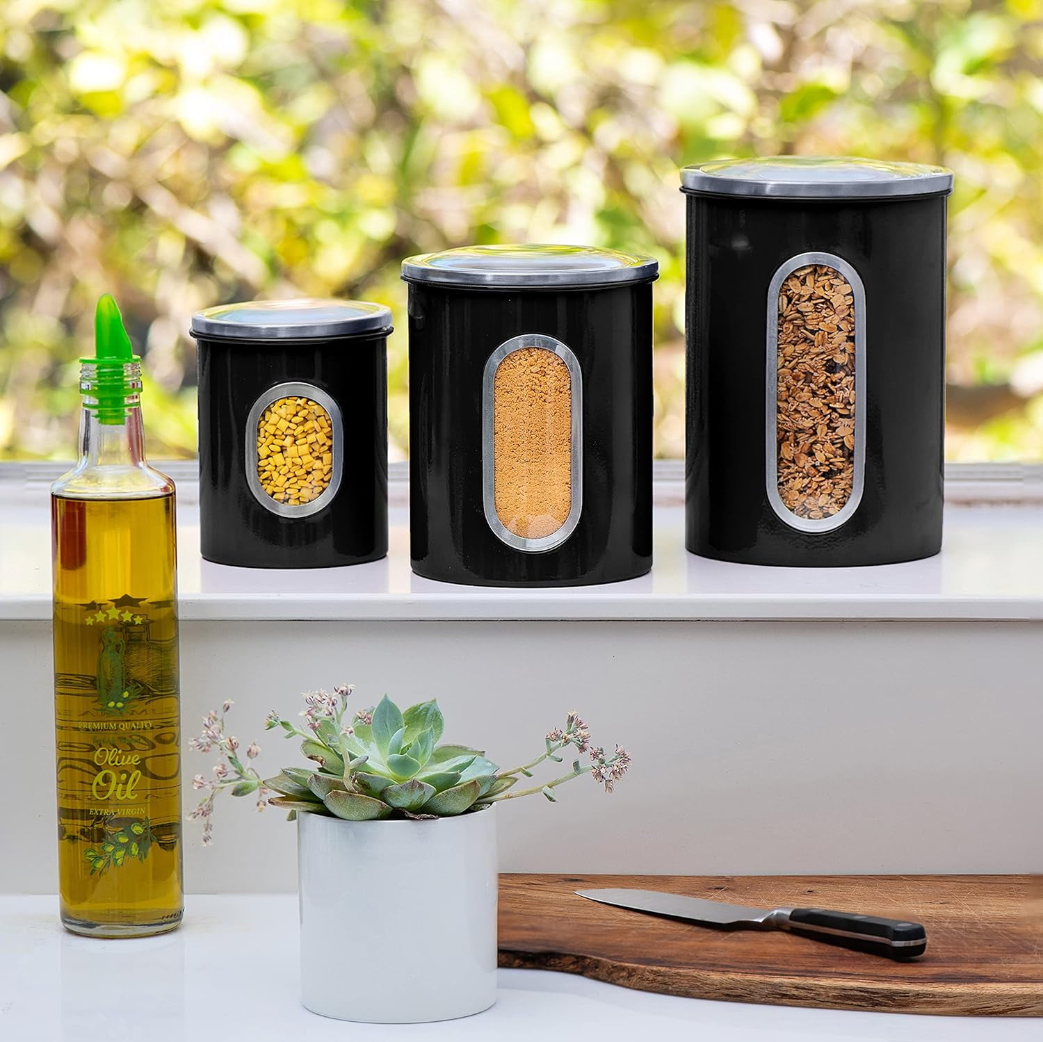 Mixpresso 3 Piece Black Canisters Sets For The Kitchen, Kitchen Jars With See Window, Airtight Coffee Container Tea Organizer & Sugar Canister, Kitchen Canisters Set of 3 Black Kitchen Décor