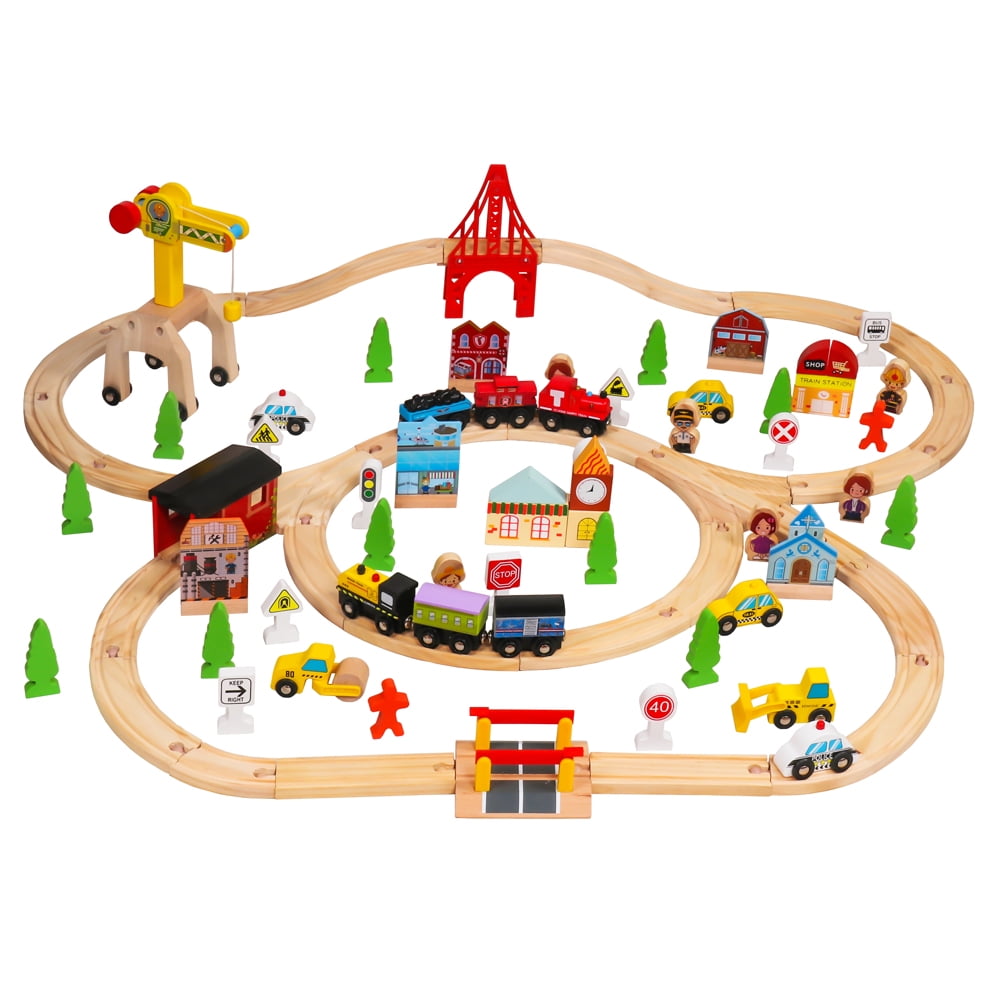100pcs Wooden Train Set Learning Toy Kids Children Rail Lifter Fun Road Crossing Track Railway