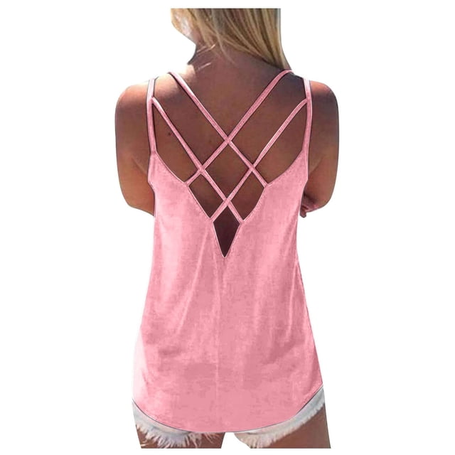 Meichang Racerback Tank Tops for Women Clearance Fashion Criss Cross Cami Top Loose Fit Sleeveless Basic Tees Solid Color T-shirt 2024