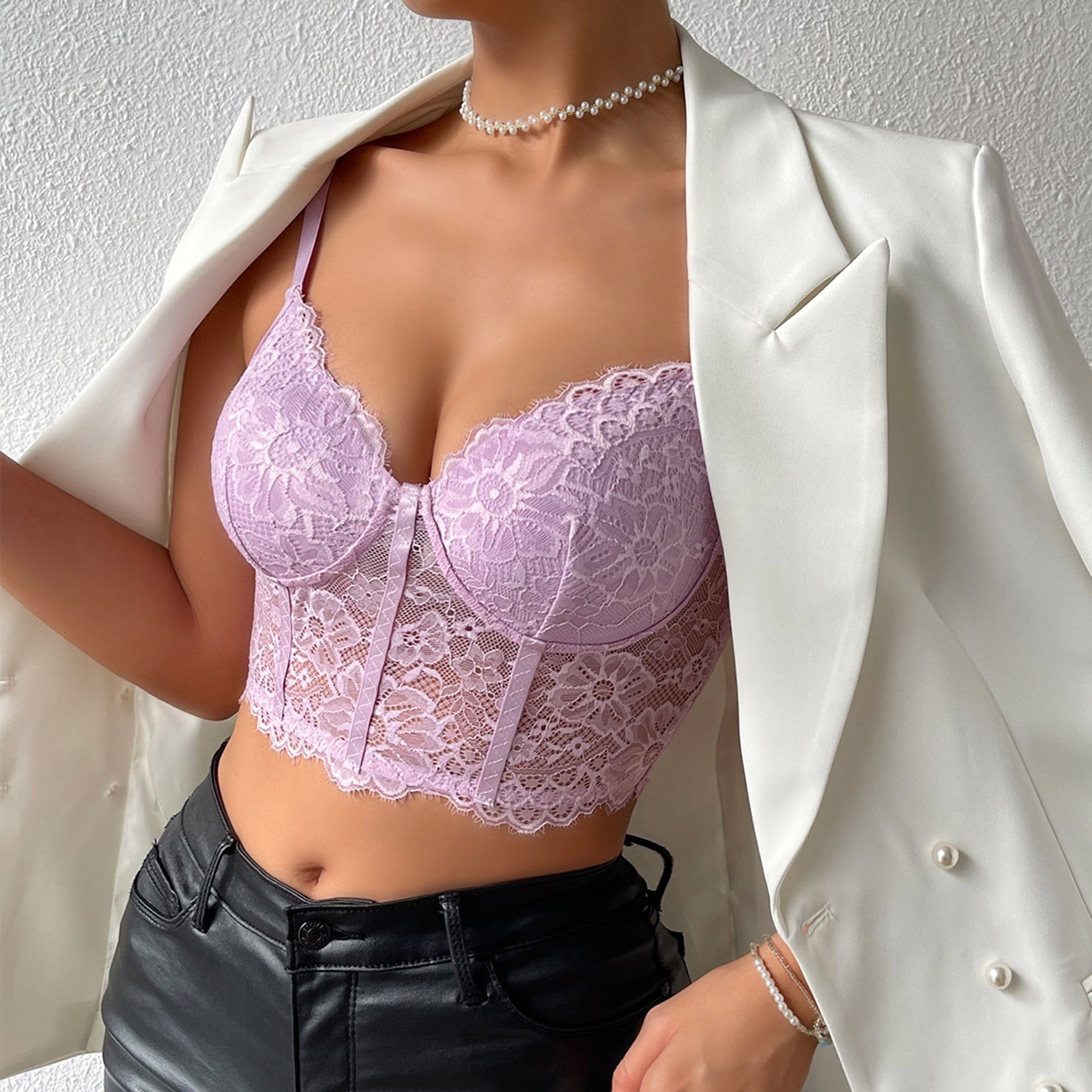 Mufeng Women’s Spaghetti Strap Mesh Patchwork Crop Top – Purple, Size S