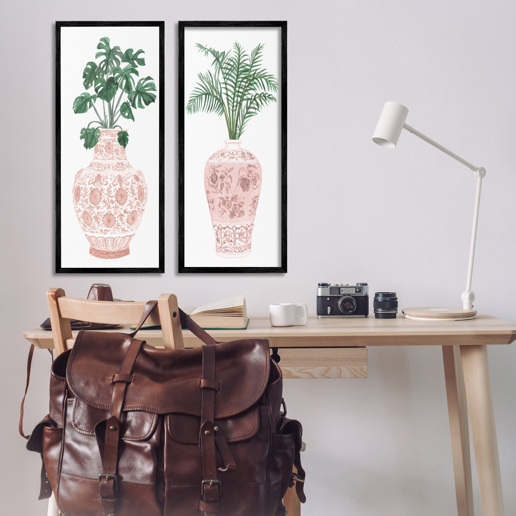Stupell Industries Plants & Oriental Vases Botanical & Floral Painting Black Framed Art Print Wall Art, 13 x 30, Set of 2