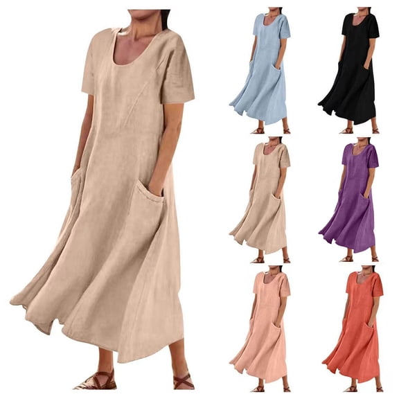 FNFYFH Women's Plus Size Short Sleeve Maxi Dress Flowy A-line Dress Summer Beach Vacation Long Dresses with Pockets