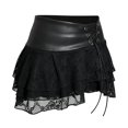thumbnail image 4 of Wxolcjlv Womens Lace Tiered Mini Skirt Faux Leather Waist Lace‑Up Detail Club Short Skirts, 4 of 4