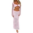 thumbnail image 3 of Biezeib 2 Piece Set Women Y2K Hollow Out Knit Skirt Outfits Long Sleeve Square Neck Crop Tops + Long Skirts Female Sexy Beach 2pcs Sets, 3 of 6