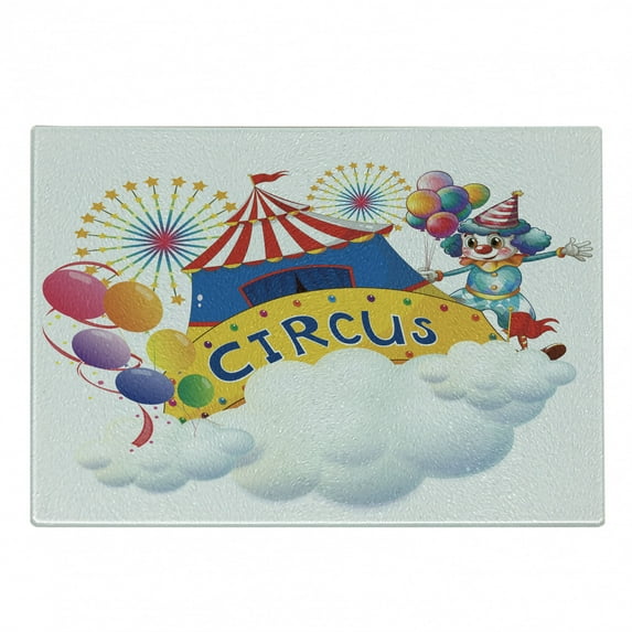 Circus Cutting Board, Illustration of a Circus Above the Clouds Entertainer Comedian Show Print, Decorative Tempered Glass Cutting and Serving Board, Small Size, Multicolor, by Ambesonne