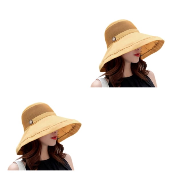 Sonducket Sombrero de sol para mujer con hebilla, gorra ancha de malla plegable de verano, Protector solar, moda, transpirable, Color sólido, Amarillo tamaño libre 2piezas