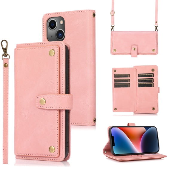 Feishell Crossbody Wallet Case for Apple iPhone 13 mini 5.4 inch,for Women Men,Retro PU Leather Magnetic Button Flip Stand Credit Card Holder Phone Case with Adjustable Shoulder Strap,Pink