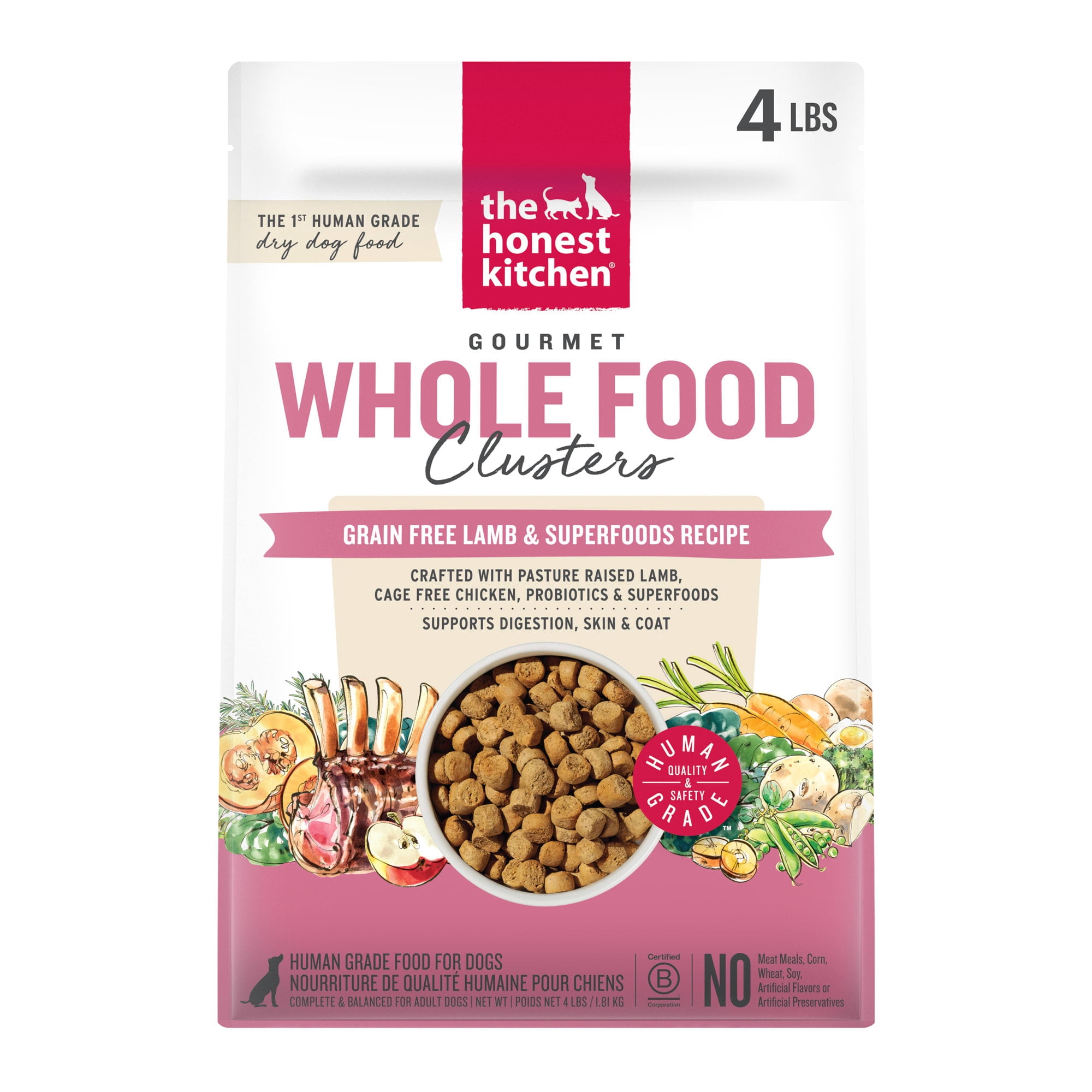 The Honest Kitchen Grain Free Lamb & Superfoods Gourmet Whole Food Clusters, Human Grade Dry Dog Food for Adult Dogs, Vet-Recommended Nutritional Support for Skin, Coat & Digestion, 4 lb Bag
