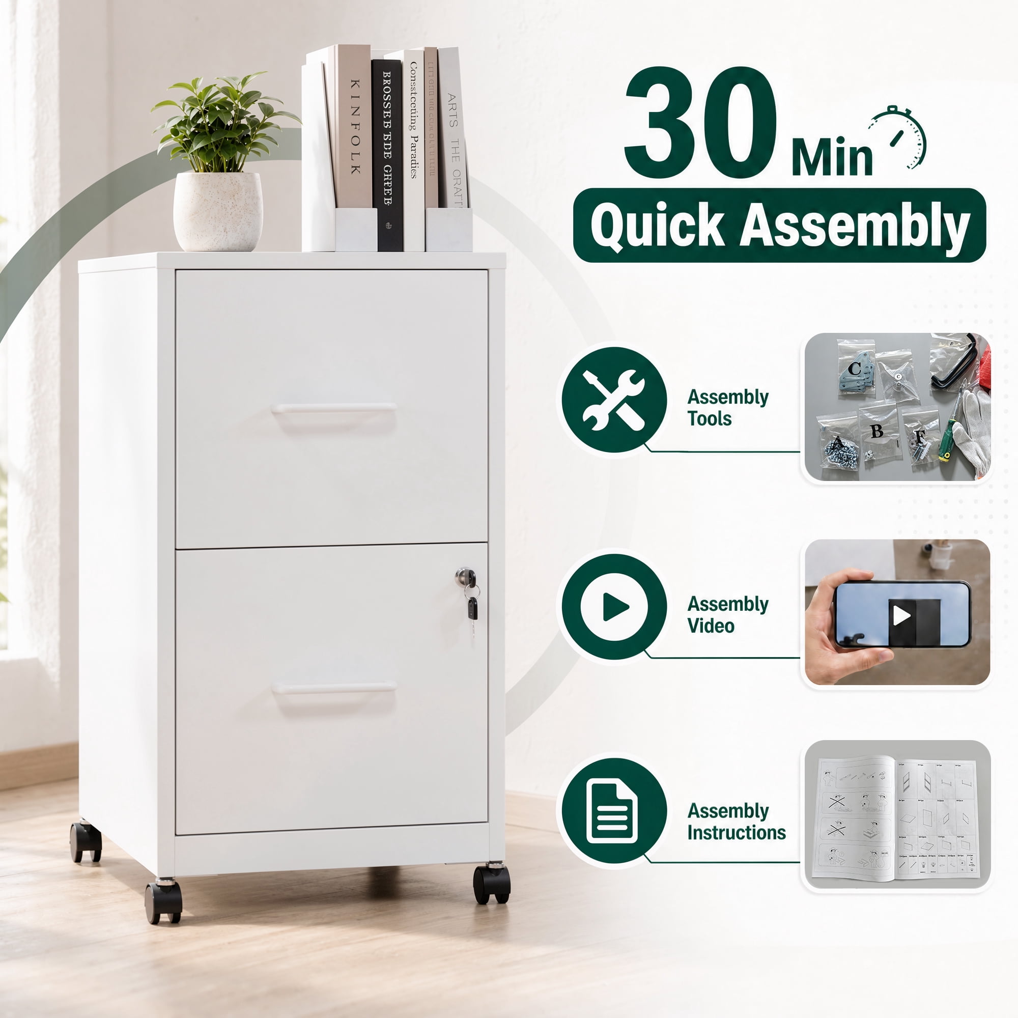 2 Drawer Lockable Metal File Cabinet With Wheel, Vertical Under Desk Steel Filing Cabinet with Wall Anti-Tip Kit, Heavy Duty Office Storage Cabinet for Letter/Legal Size Files, Black