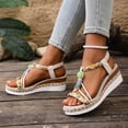 thumbnail image 6 of Bohemian Wedge Sandals for Women Summer Dressy Ankle Elastic Wide Width Platform Sandals Lightweight Comfortable Open Toe Slip On Ankle Strap Beach Shoes Beige A 5.5, 6 of 7