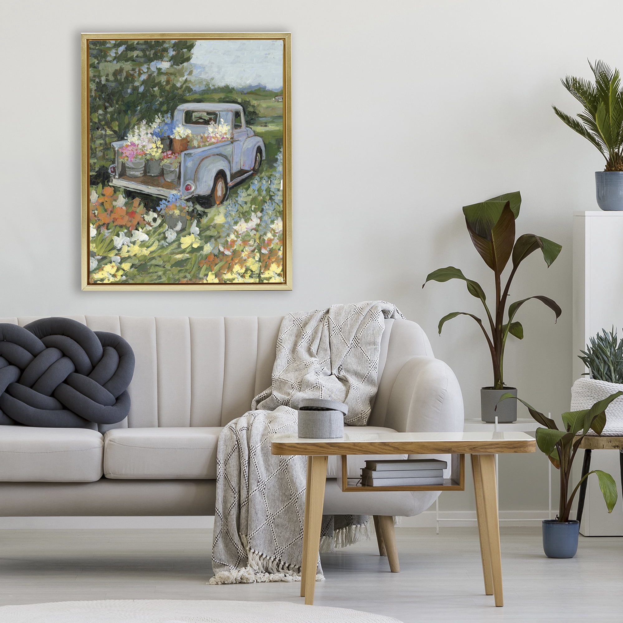 Stupell Industries Truckin' Field with Flowers Gold Framed Floater Canvas Wall Art, design by Susan Winget