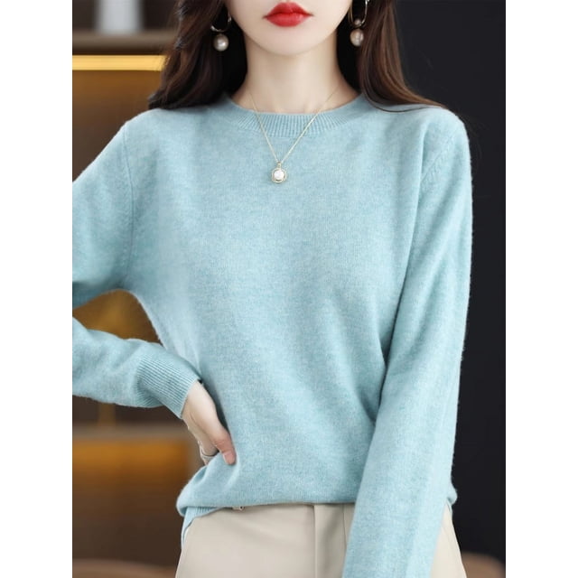 Suéter de lana pura de otoño, camisa de punto para mujer, cuello redondo, suelto, color sólido, estilo occidental, suéter de punto que combina con todo